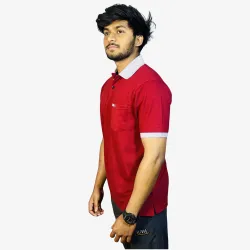 Men's Crimson Red Polo T-Shirt with Ash Grey Collar | Classic Comfort Fit